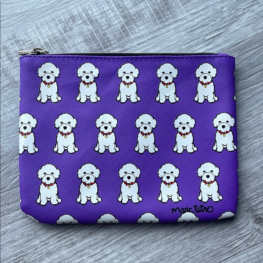 Marc Tetro Purple and White Cosmetic Bag with Bichon Frise Dog pattern.